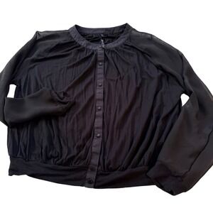 Karen Millen Blouse 6 Black Mixed Media Sheer Sleeve Button Front Blouson Top
